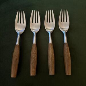 4 - Dansk FJORD Teak Wood Handle Stainless GERMANY Flatware Dinner Forks